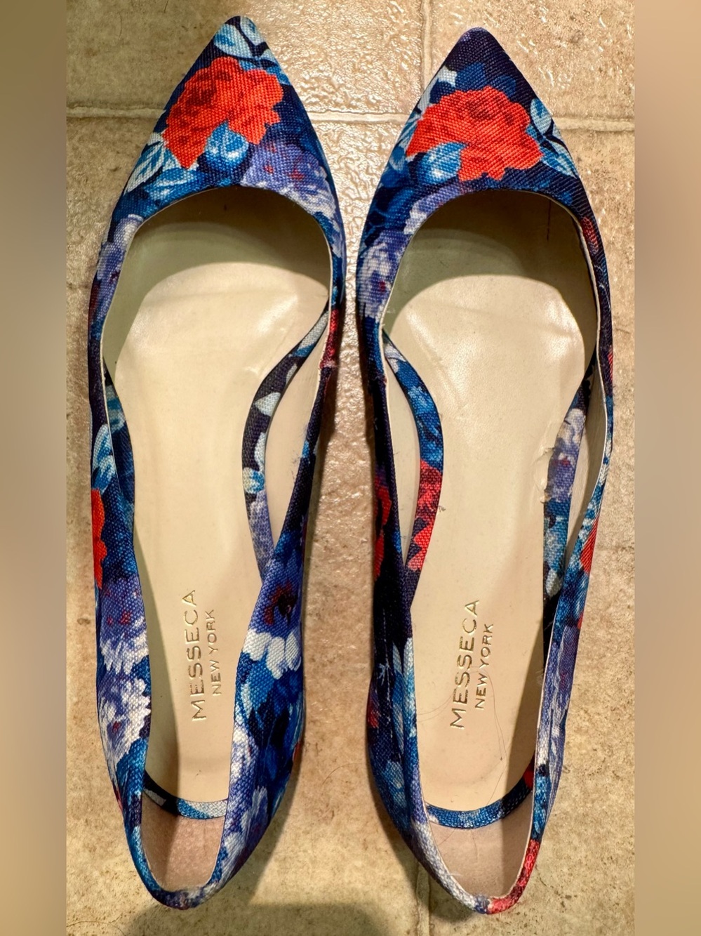 Messeca New York Blue Floral Pointed Toe Flats with Red Accents